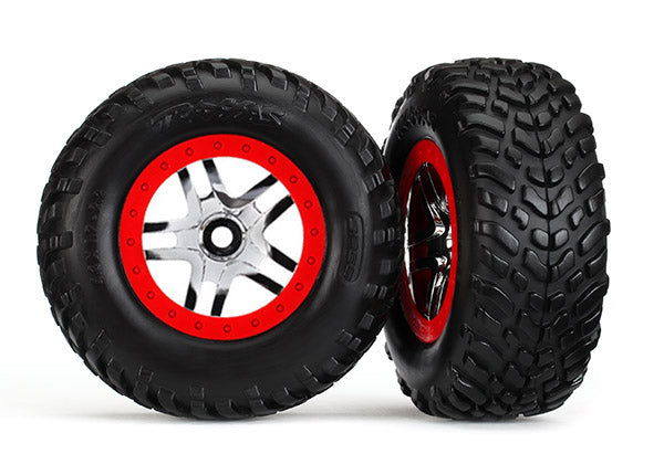 6891R Tires & wheels, assembled, glued (S1 compound) (SCT Split-Spoke chrome, red beadlock style wheels, dual profile (2.2" outer, 3.0" inner), SCT off-road racing tires, foam inserts) (2) (4WD f/r, 2WD rear) (TSM rated)