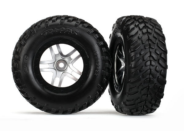 6892R Tires & wheels, assembled, glued (S1 compound) (SCT Split-Spoke satin chrome, black beadlock style wheels, dual profile (2.2" outer, 3.0" inner), SCT off-road racing tires, foam inserts) (2) (4WD f/r, 2WD rear) (TSM rated)