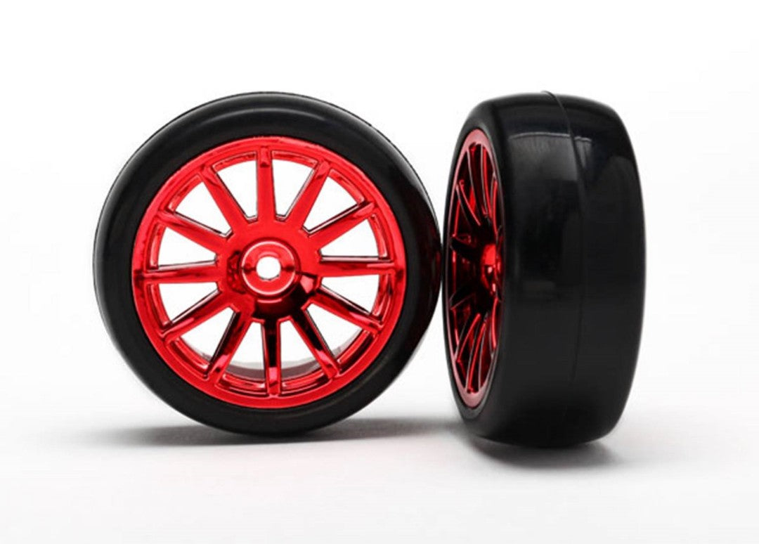 7573X Neumáticos y ruedas, ensamblados, pegados (ruedas cromadas rojas de 12 radios, neumáticos lisos) (2)
