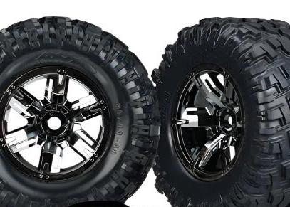 7772A Tires & wheels, assembled, glued X-Maxx black chrome wheels