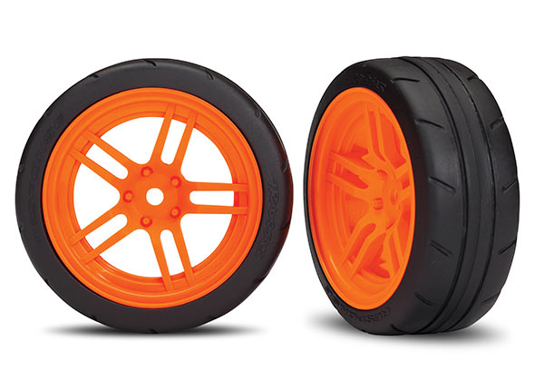 Neumáticos y ruedas Traxxas 8373A, ensamblados y pegados (ruedas naranjas con radios divididos, neumáticos de respuesta de 1,9") Clasificación VXL (delantera)