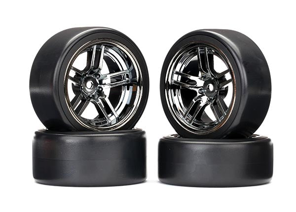 8378 Traxxas Tires and wheels, assembled,  (split-spoke black chrome wheels, 1.9' Drift tires) (front and rear)