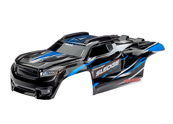 9511A Traxxas Body, Sledge, blue/ window, grille, lights decal sheet (assembled with front & rear body mounts and rear body support for clipless mounting)