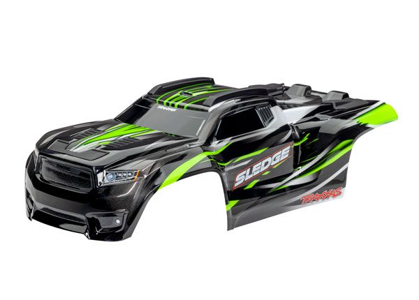 9511G Traxxas Body, Sledge, green/ window, grille, lights decal sheet (assembled with front & rear body mounts and rear body support for clipless mounting)