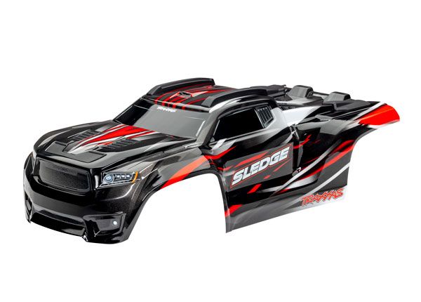 9511R Traxxas Body, Sledge, red/ window, grille, lights decal sheet (assembled with front & rear body mounts and rear body support for clipless mounting)