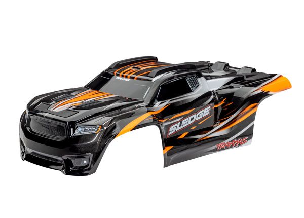 9511T Traxxas Body, Sledge, orange/ window, grille, lights decal sheet (assembled with front & rear body mounts and rear body support for clipless mounting)