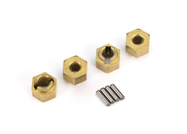 9750x Traxxas Wheel Hubs, 7mm Hex (Brass) (4)/ Axle Pins (4)